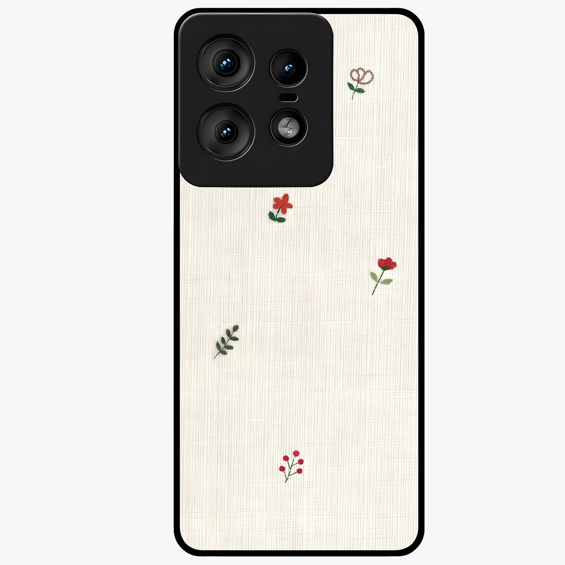 Minimal Petal Whispers Glass Case showing flat back view with soft minimal floral artwork and glossy glass finish.