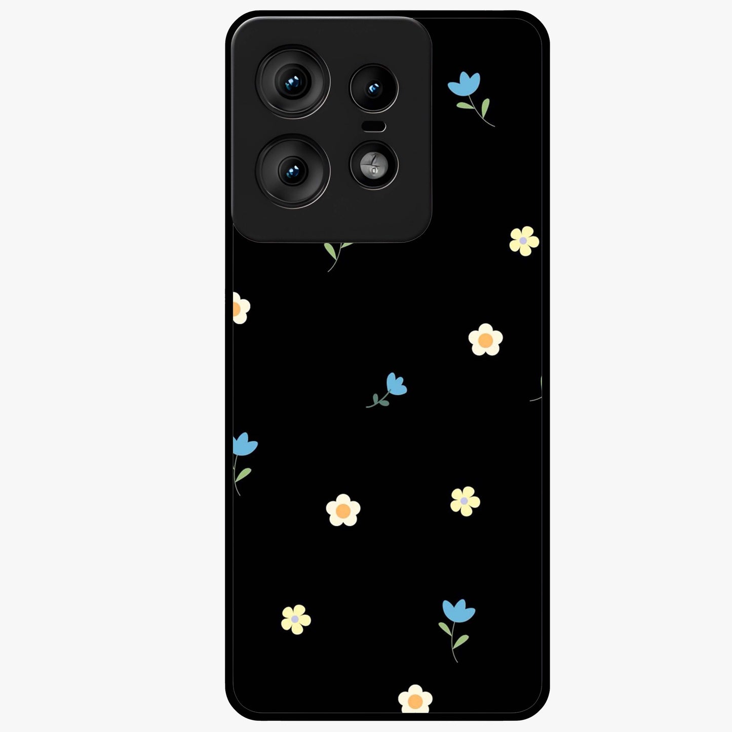 Minimalistic Blue With White Flower Pattern Glass Case showing flat back view with blue background and white flower pattern and glossy glass finish.