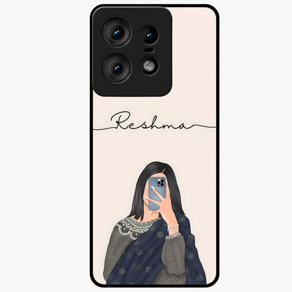 Mirror Mood Muse With Custom Name Glass Case showing flat back view with stylish mirrored artwork and personalized name design.