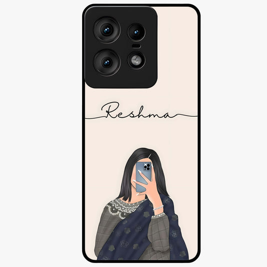Mirror Mood Muse With Custom Name Glass Case showing flat back view with stylish mirrored artwork and personalized name design.