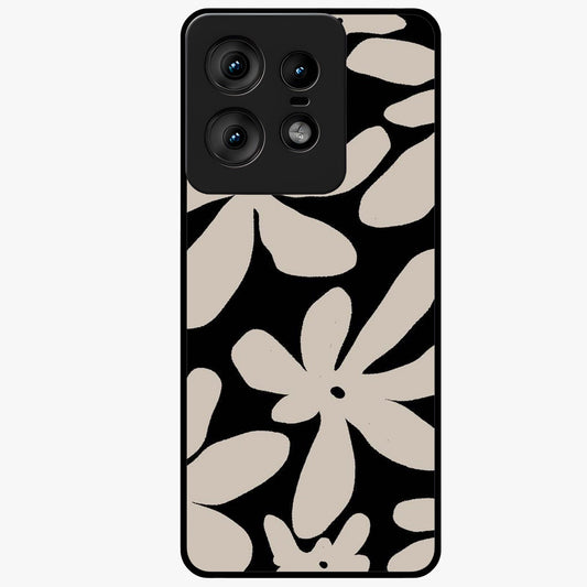 Monochrome Petal Dance Glass Case showing flat back view with monochrome floral artwork and glossy glass finish.