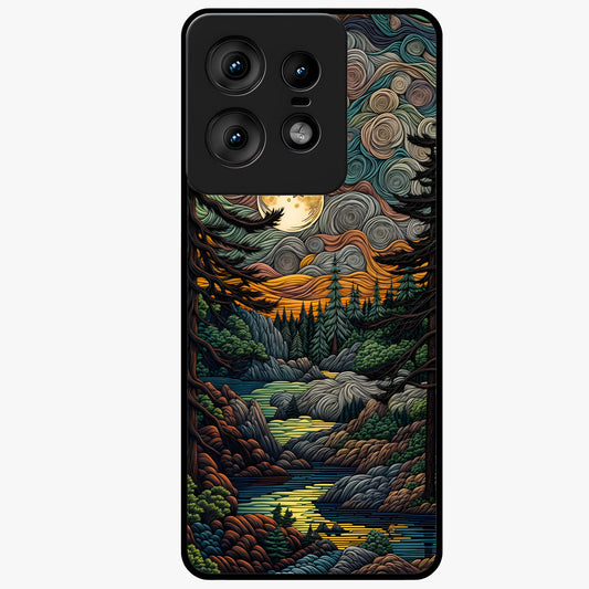 Moonlight Forest Dream Glass Case showing flat back view with mystical forest moonlight artwork and glossy glass finish.