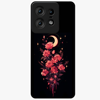 Moonlit Floral Elegance Glass Case showing flat back view with elegant floral artwork under moonlit tones and glossy glass finish.