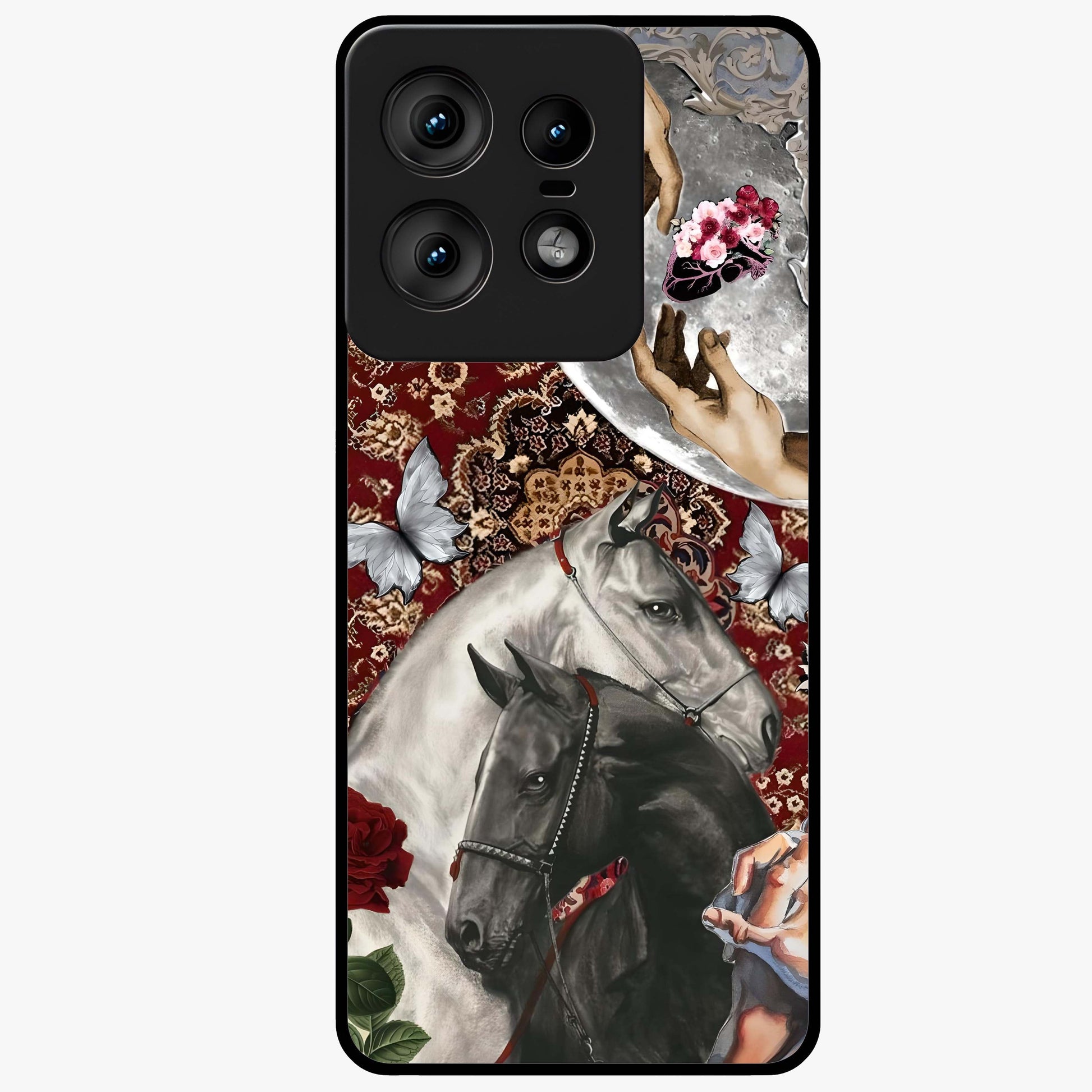 Moonlit Royal Stallion Glass Case showing flat back view with majestic horse under moonlight artwork and glossy glass finish.