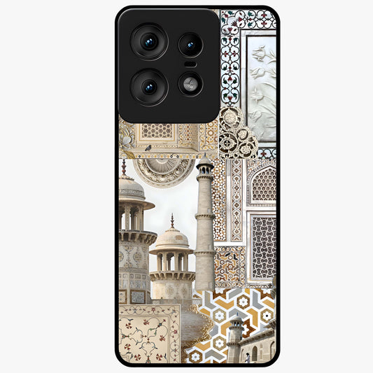 Mughal Marble Legacy Glass Case showing flat back view with intricate Mughal inspired marble pattern and glossy glass finish.