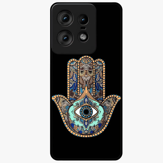 Mystic Hamsa Eye Glass Case showing flat back view with protective hamsa hand and evil eye artwork and glossy glass finish.