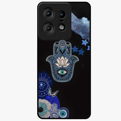 Mystic Hand Aura Glass Case showing flat back view with mystical hand symbol artwork and glossy glass finish.