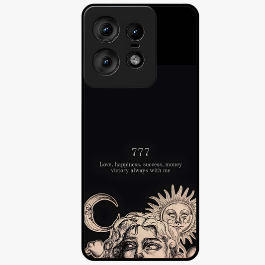 Mystic Victory Aura Glass Case showing flat back view with victory symbol artwork and glossy glass finish.