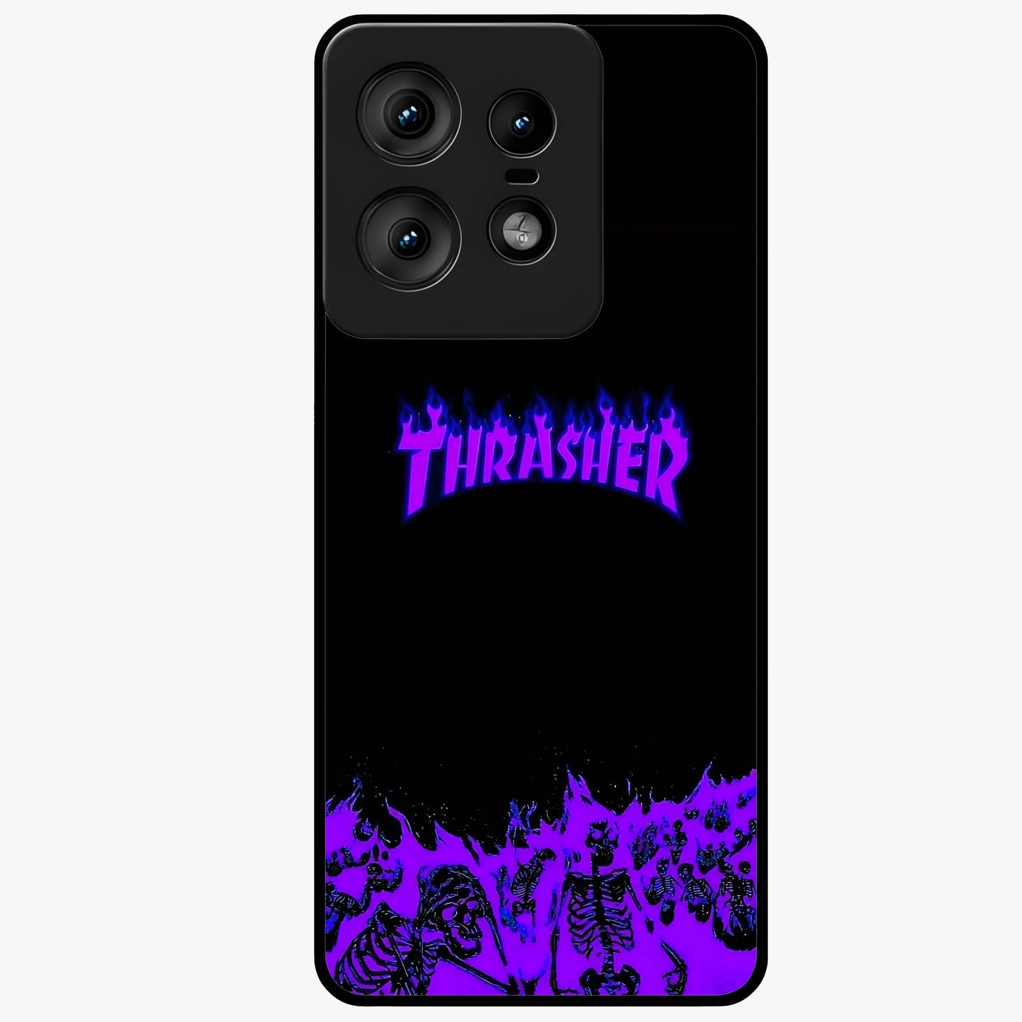 Neon Flame Riot Glass Case showing flat back view with neon flame artwork and glossy glass finish.