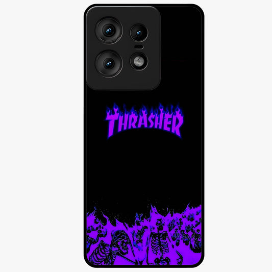 Neon Flame Riot Glass Case showing flat back view with neon flame artwork and glossy glass finish.