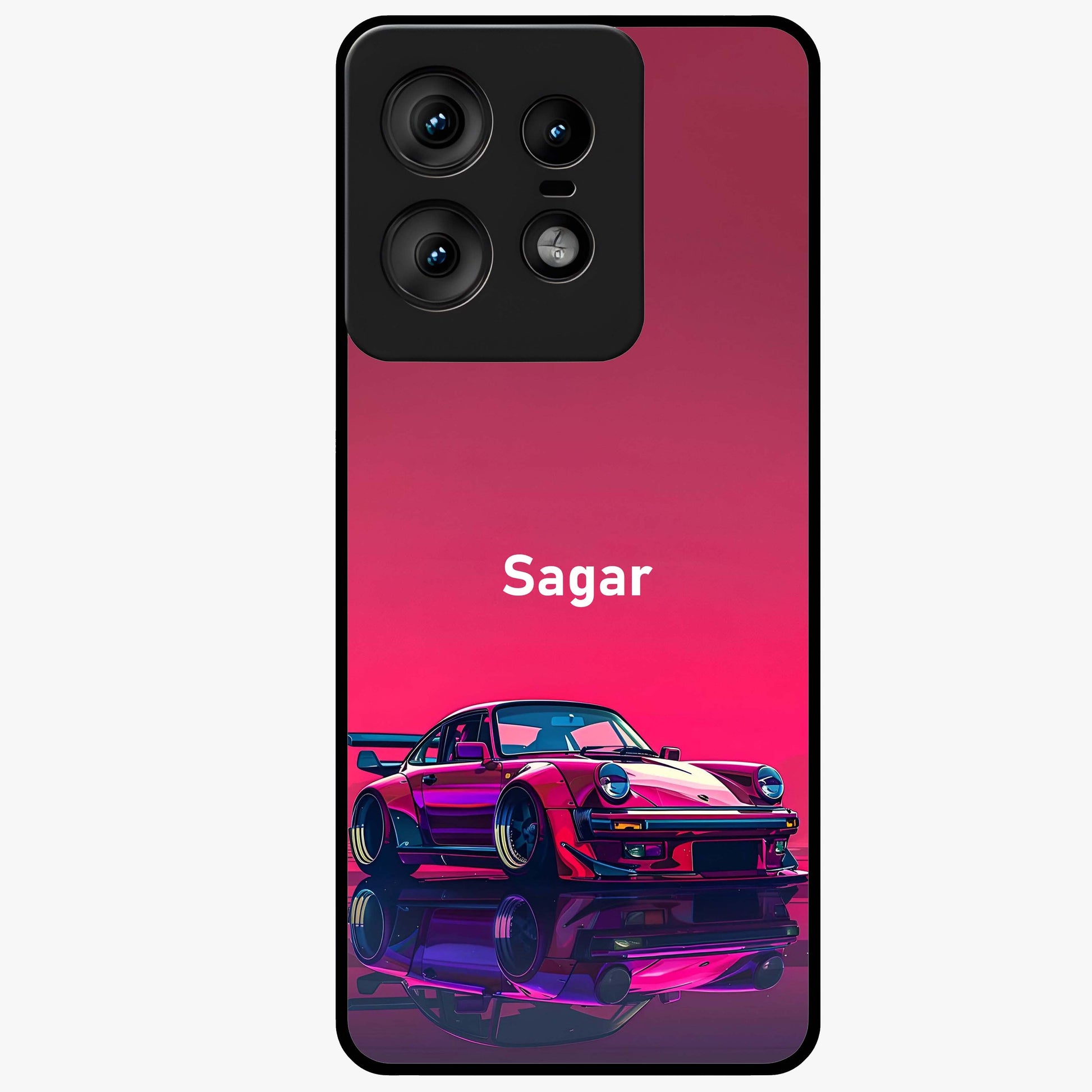 Neon Pink Porsche Glass Case showing flat back view with stylish sports car artwork and glossy glass finish.