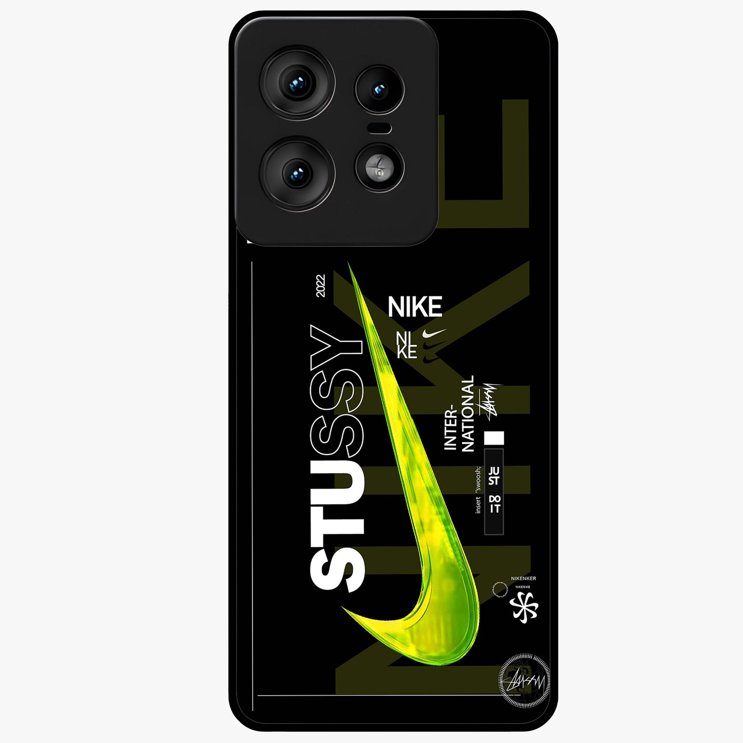 Neon Street Edition Glass Case showing flat back view with neon street style artwork and glossy glass finish.