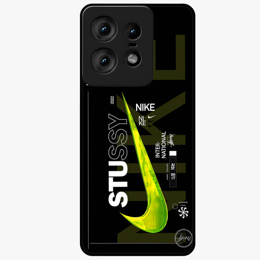 Neon Street Edition Glass Case showing flat back view with neon street style artwork and glossy glass finish.
