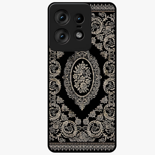Noir Bloom Elegance Glass Case showing flat back view with elegant dark floral artwork and glossy glass finish.