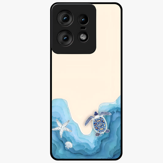 Ocean Drift Turtle Glass Case showing flat back view with sea turtle artwork and glossy glass finish.