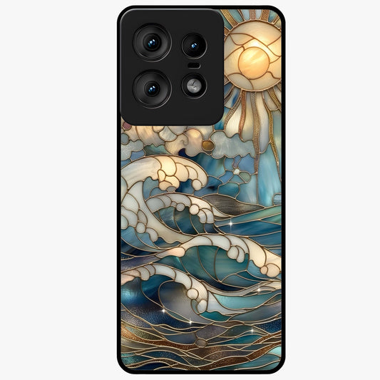 Oceanic Stained Printed Glass Case showing flat back view with ocean inspired stained pattern artwork and glossy glass finish.