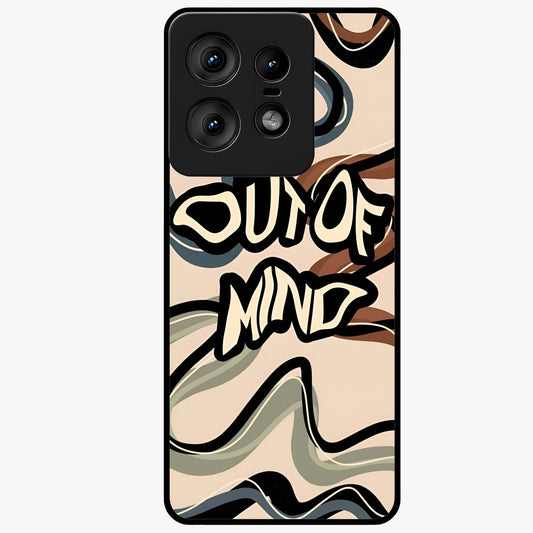Out Of Mind Glass Case showing flat back view with expressive typography artwork and glossy glass finish.