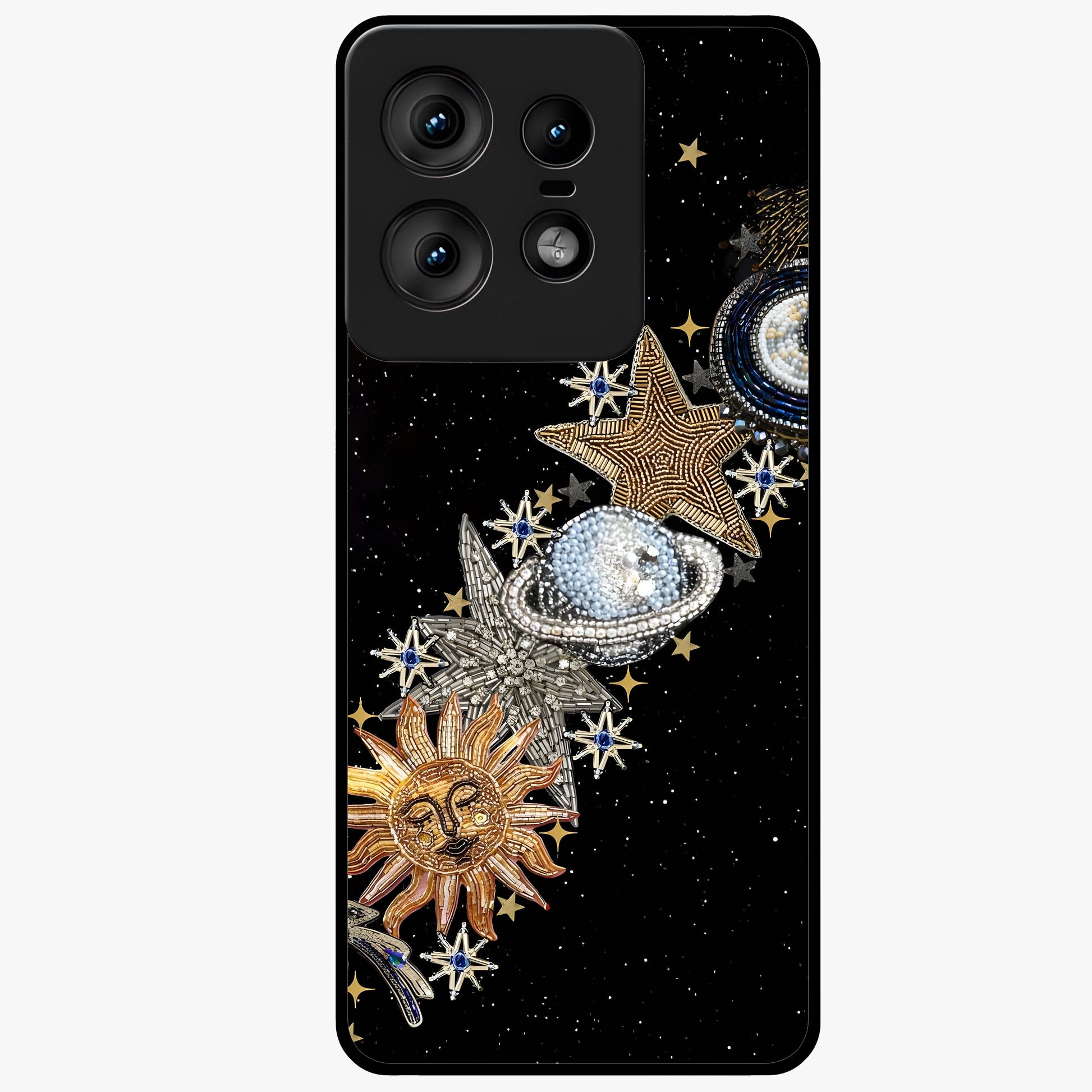 Pearls Universe Object Glass Case showing flat back view with pearl inspired cosmic artwork and glossy glass finish.