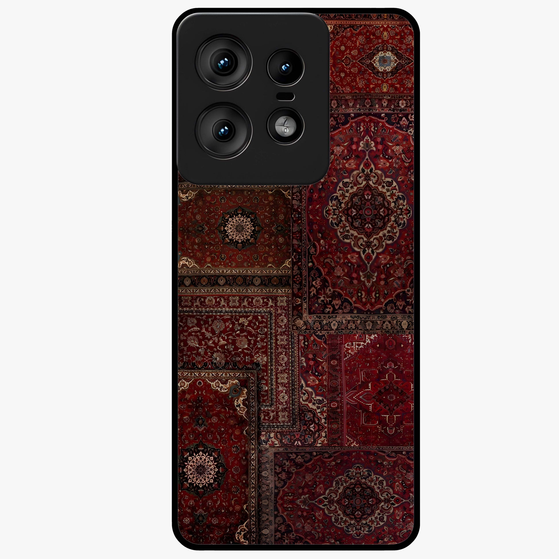 Persian Velvet Tale Glass Case showing flat back view with luxurious Persian velvet pattern artwork and glossy glass finish.