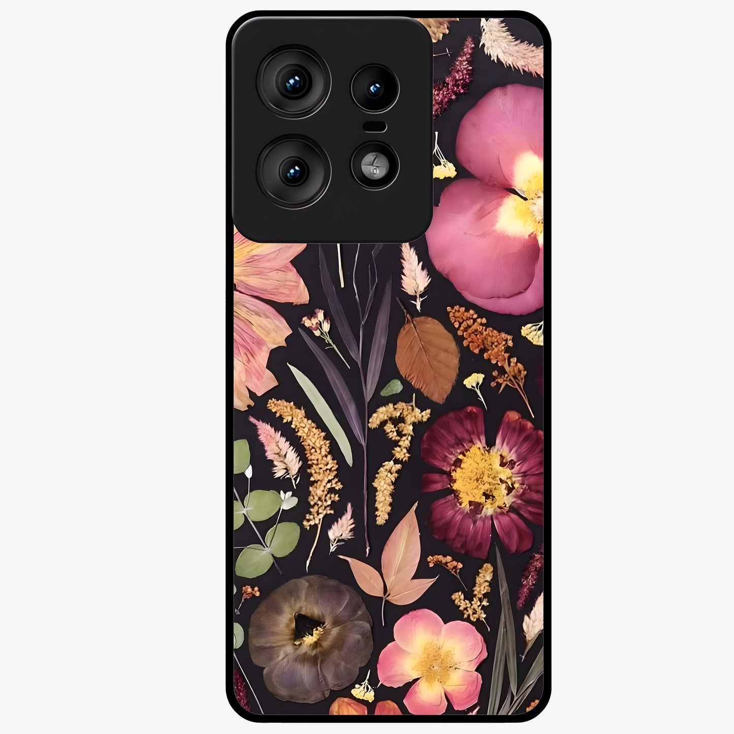 Petal Dream Tapestry Glass Case showing flat back view with intricate floral tapestry artwork and glossy glass finish.