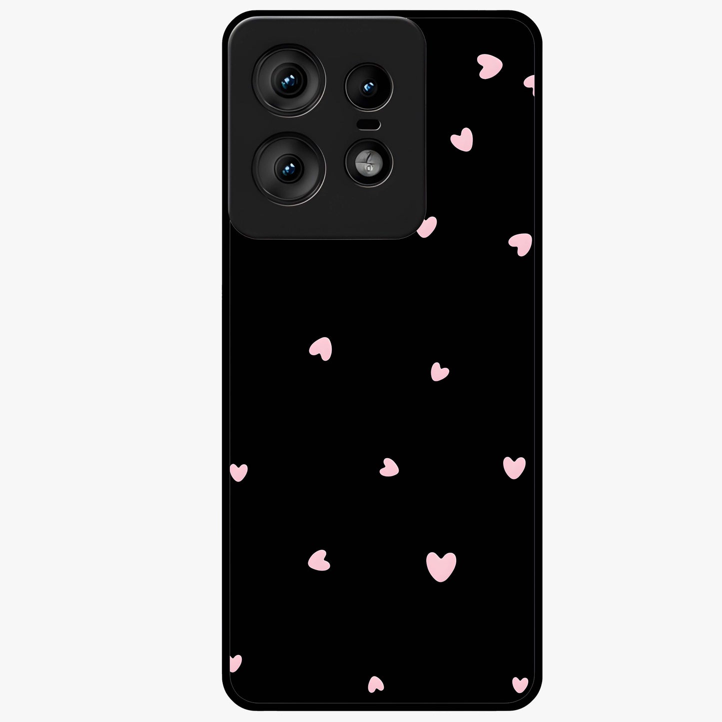Pink Love Drops Glass Case showing flat back view with playful pink heart drops artwork and glossy glass finish.