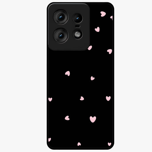 Pink Love Drops Glass Case showing flat back view with playful pink heart drops artwork and glossy glass finish.