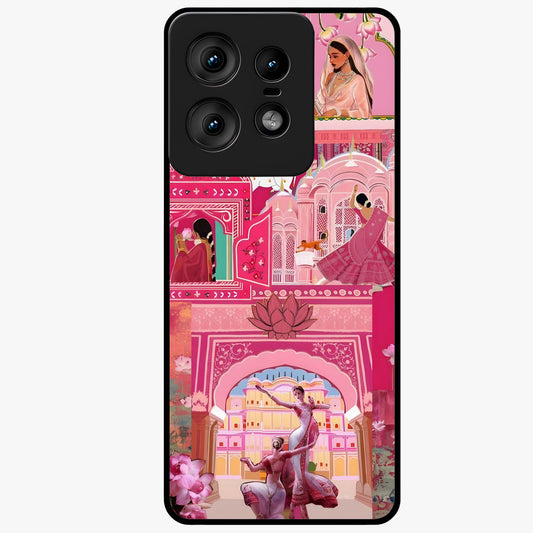 Pink Palace Muse Glass Case showing flat back view with elegant palace inspired artwork and glossy glass finish.