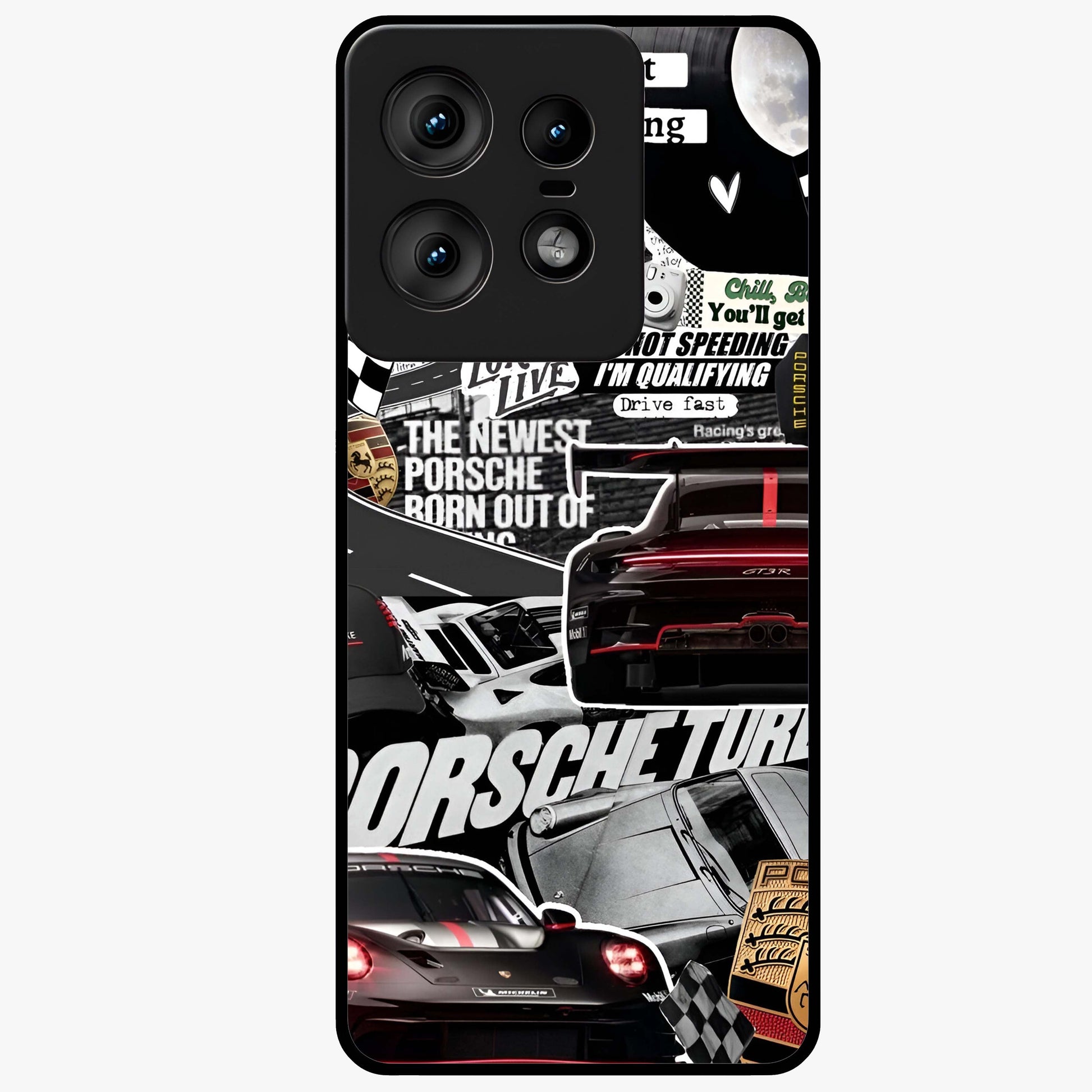 Porsche Racing Collage Glass Case showing flat back view with sports car racing collage artwork and glossy glass finish.