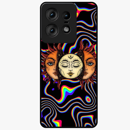 Psychedelic Sun Glass Case showing flat back view with colorful psychedelic sun artwork and glossy glass finish.