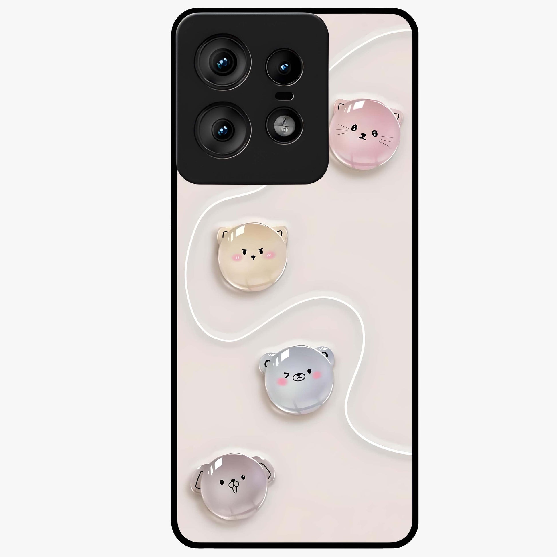 Puffy Face Parade Glass Case showing flat back view with cute puffy character faces artwork and glossy glass finish.