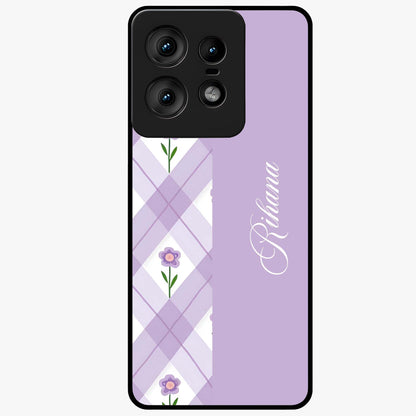 Purple Diamond Floral Glass Case showing flat back view with diamond shaped floral artwork and glossy glass finish.