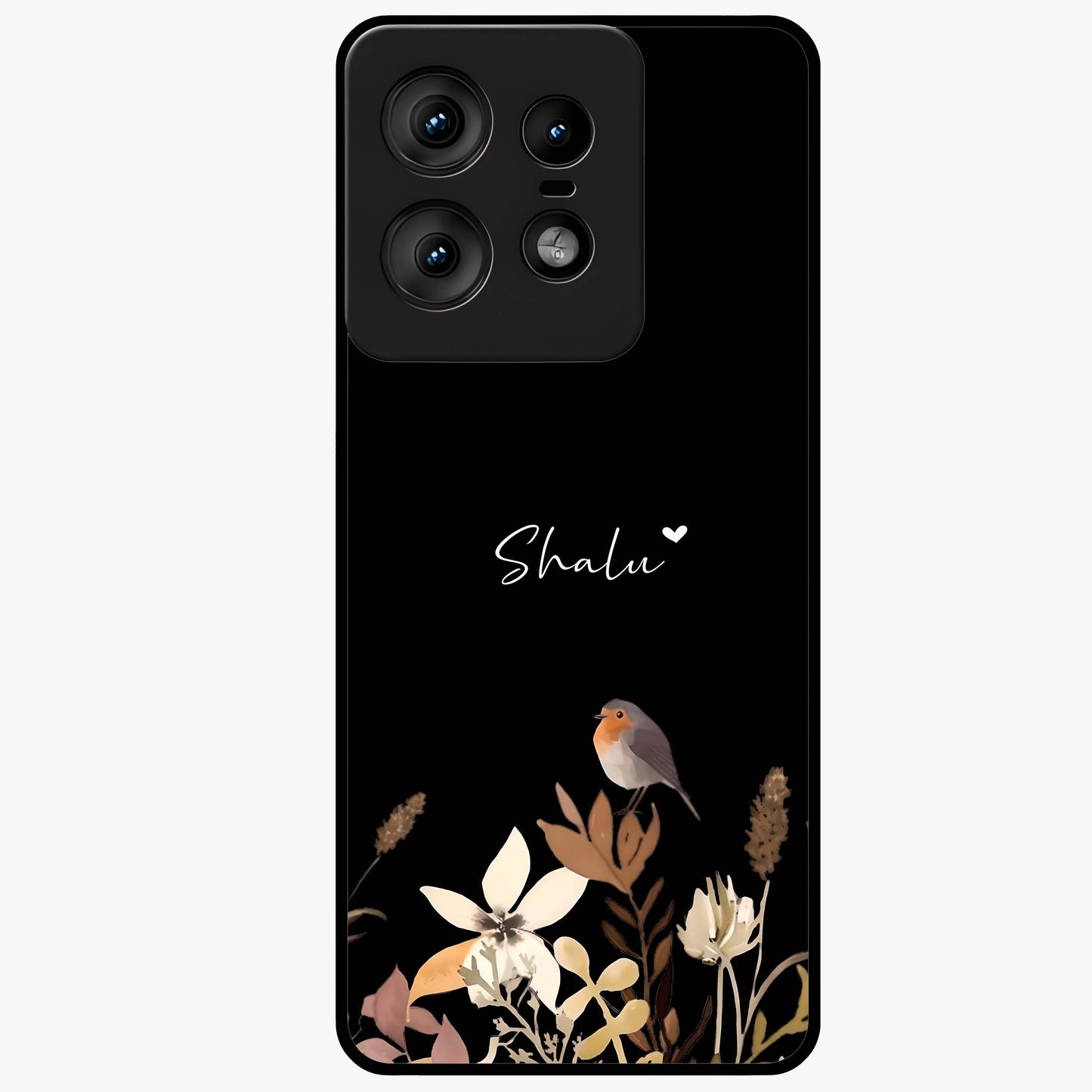 Quiet Garden Tune Custom Name Glass Case showing flat back view with peaceful garden artwork and personalized name design.