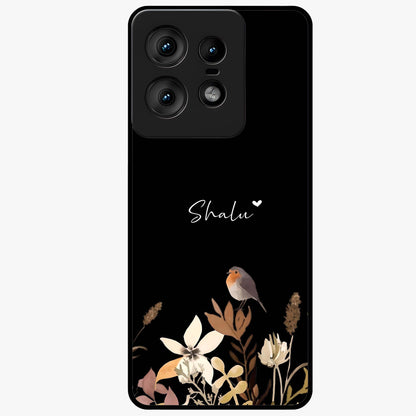 Quiet Garden Tune Custom Name Glass Case showing flat back view with peaceful garden artwork and personalized name design.