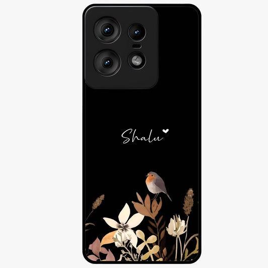 Quiet Garden Tune Custom Name Glass Case showing flat back view with peaceful garden artwork and personalized name design.