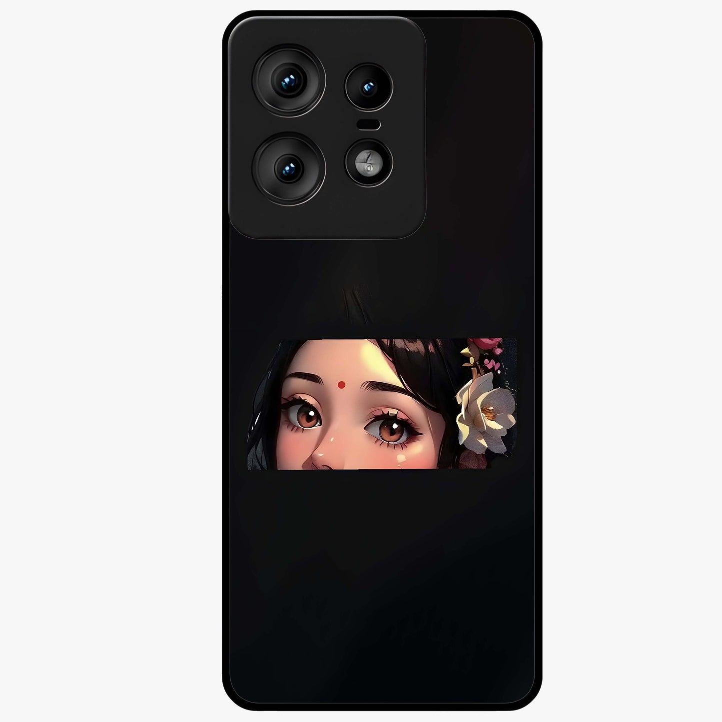 Radha Divine Embrace Glass Case showing flat back view with devotional Radha artwork and glossy glass finish.