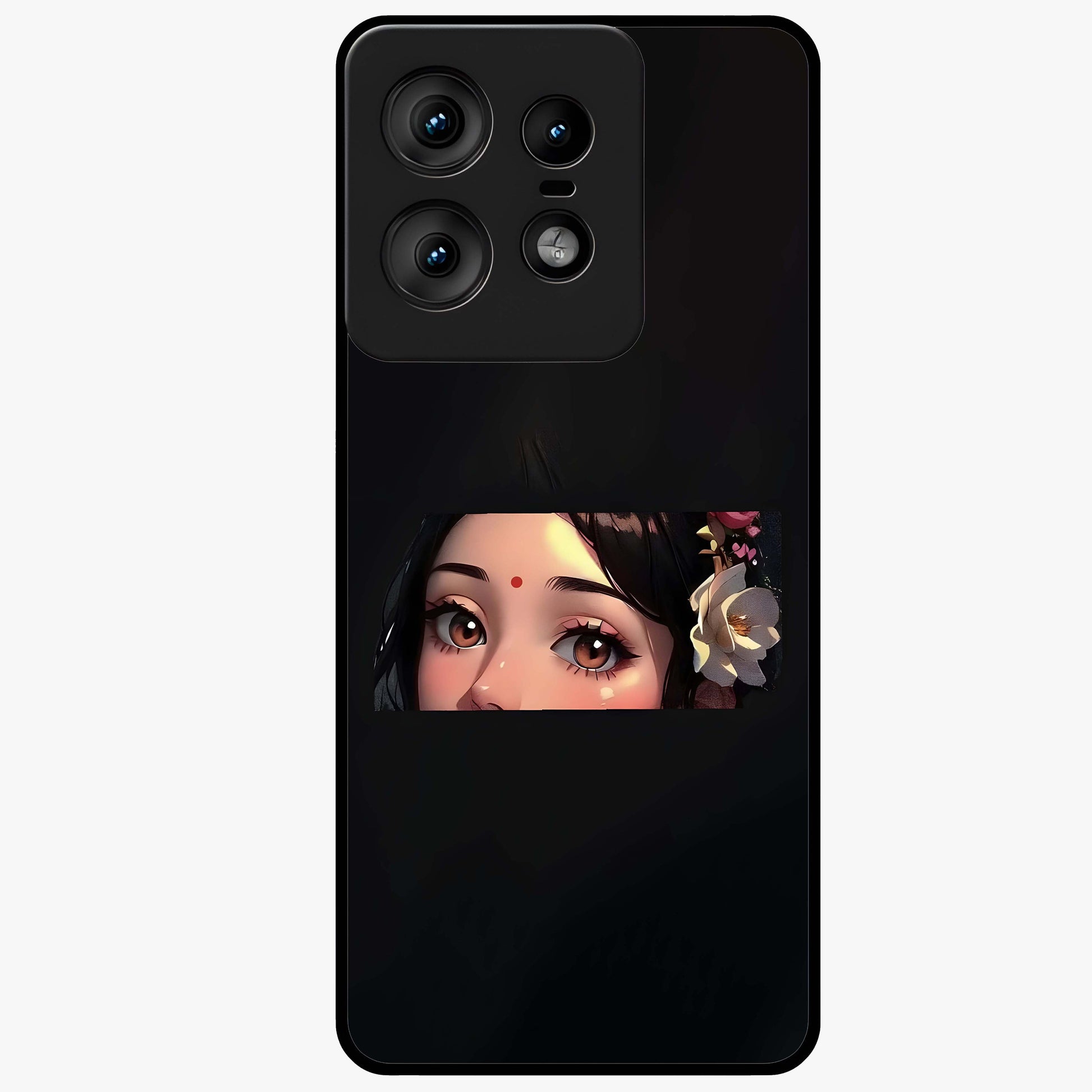 Radha Divine Embrace Glass Case showing flat back view with devotional Radha artwork and glossy glass finish.