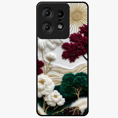 Radiant Bloom Elegance Glass Case showing flat back view with elegant blooming flower artwork and glossy glass finish.