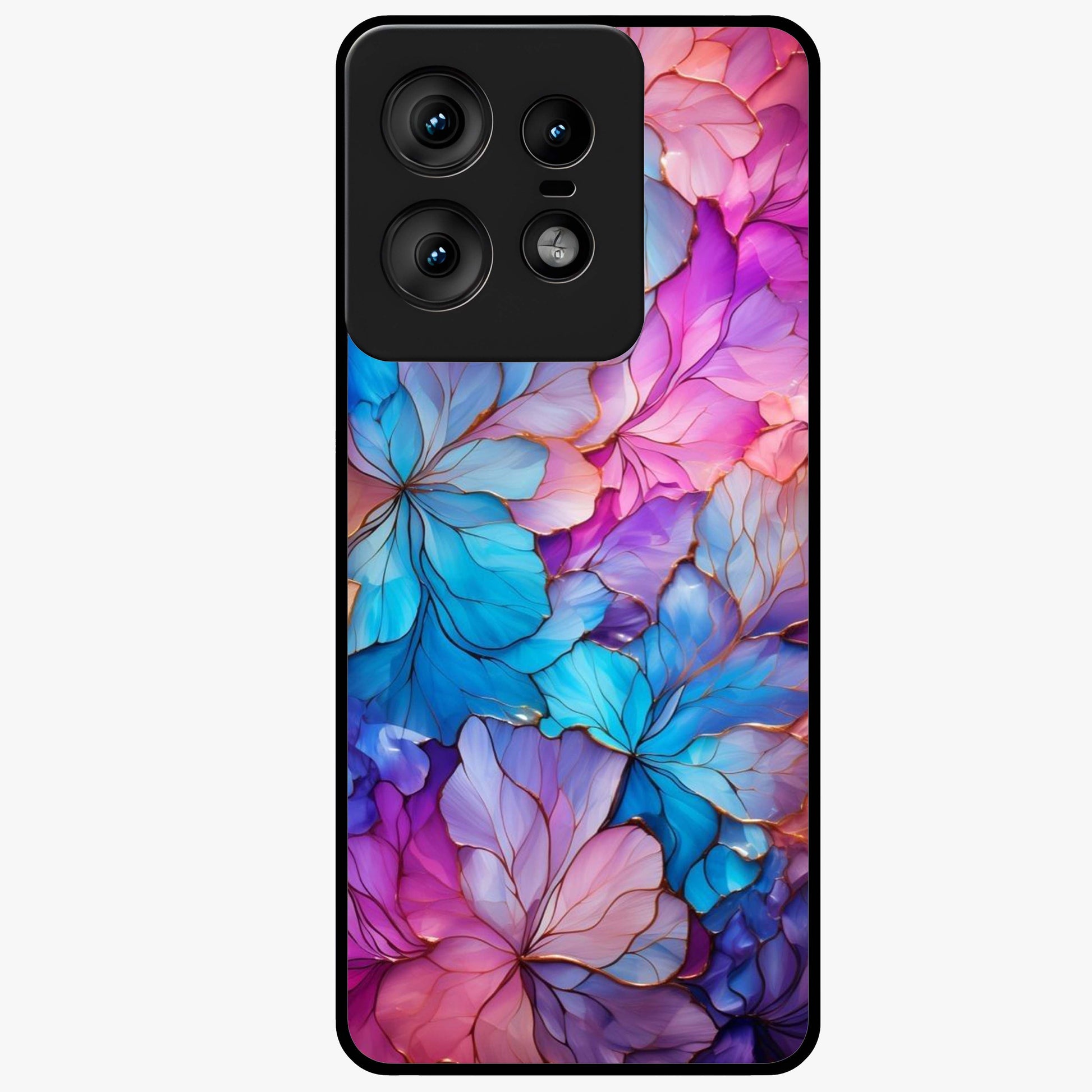 Radiant Floral Whirl Glass Case showing flat back view with swirling floral artwork and glossy glass finish.