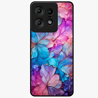 Radiant Floral Whirl Glass Case showing flat back view with swirling floral artwork and glossy glass finish.