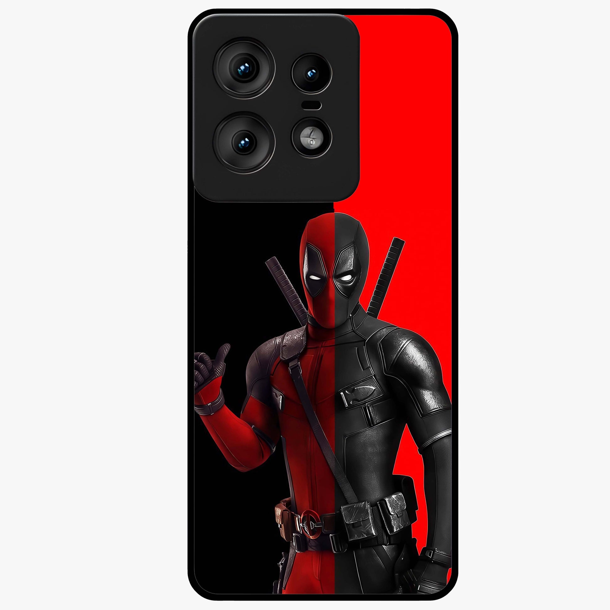Red & Black Deadpool Theme Glass Case showing flat back view with bold comic inspired artwork and glossy glass finish.
