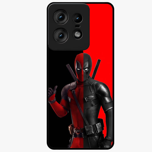 Red & Black Deadpool Theme Glass Case showing flat back view with bold comic inspired artwork and glossy glass finish.