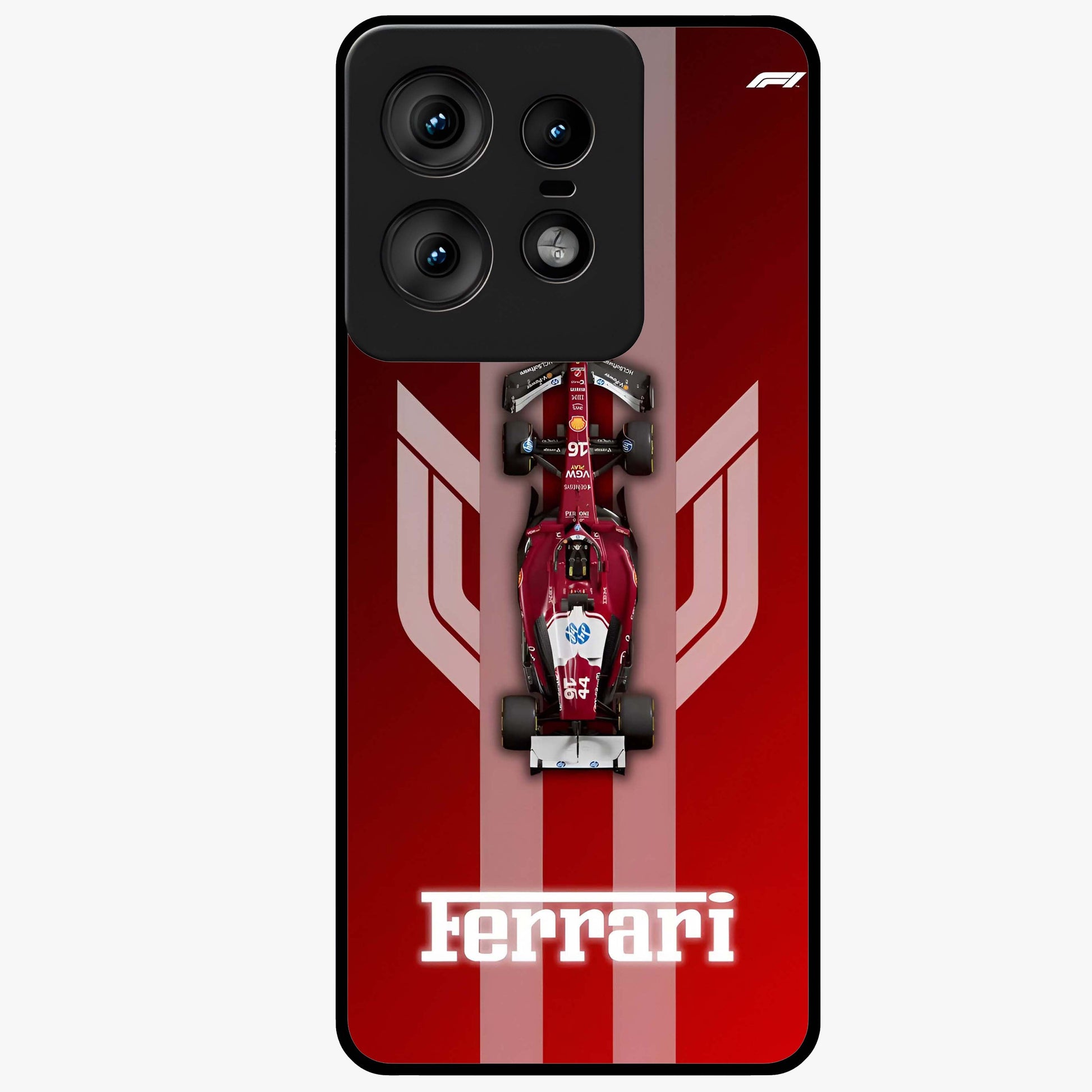 Red Ferrari F1 Vertical Glass Case showing flat back view with sleek Formula racing car artwork and glossy glass finish.
