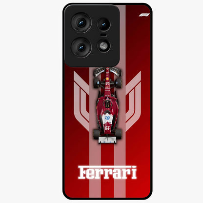 Red Ferrari F1 Vertical Glass Case showing flat back view with sleek Formula racing car artwork and glossy glass finish.