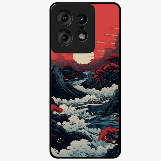 Red Sunset Scenery Glass Case showing flat back view with vibrant sunset landscape artwork and glossy glass finish.