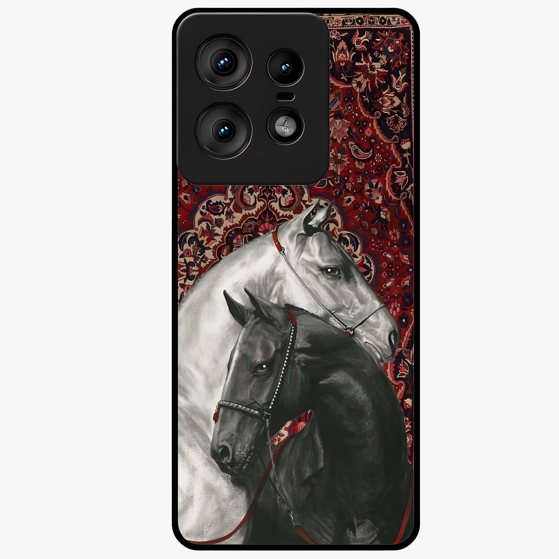 Regal Stallion Tapestry Glass Case showing flat back view with majestic horse tapestry artwork and glossy glass finish.