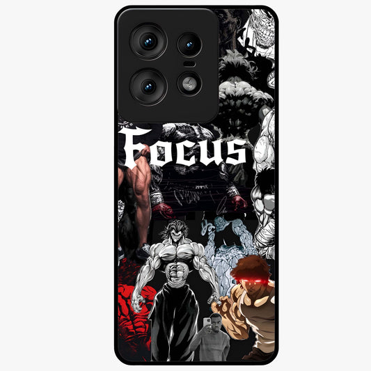 Relentless Power Focus Glass Case showing flat back view with motivational typography artwork and glossy glass finish.