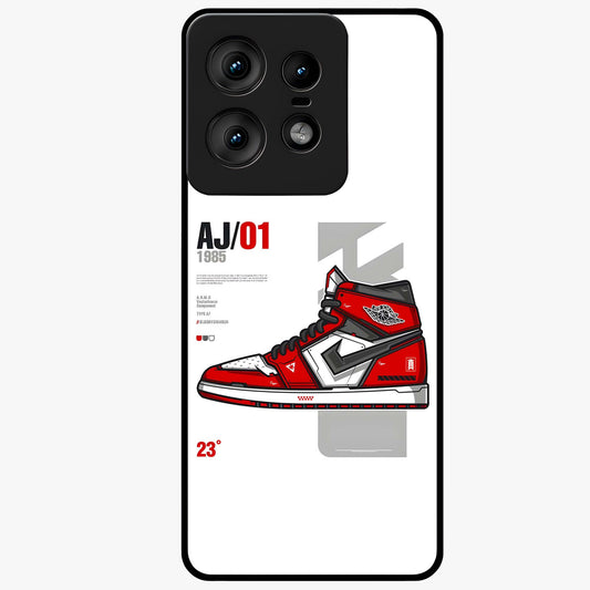 Retro Sneaker Blueprint Glass Case showing flat back view with sneaker blueprint style artwork and glossy glass finish.