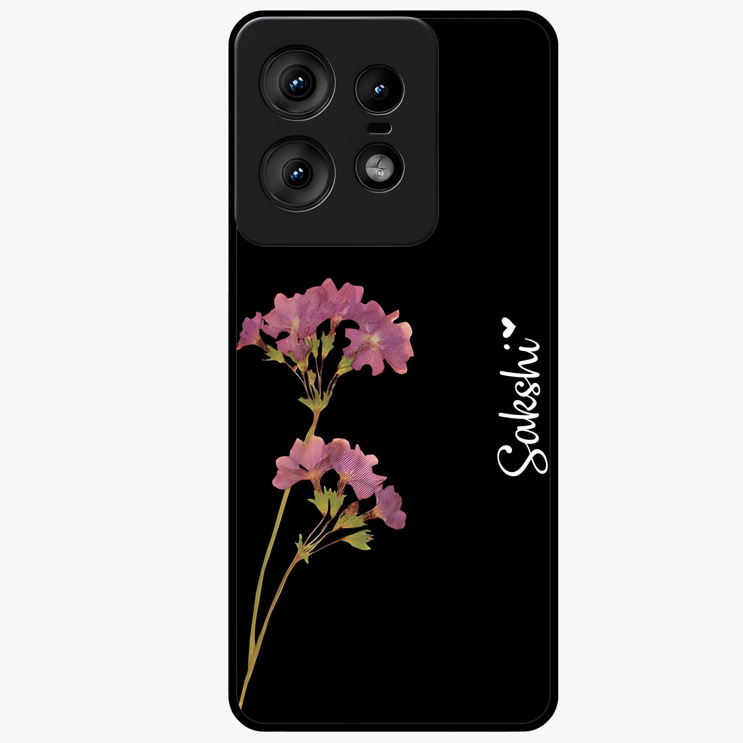 Riching Lavender Flower Custom Name Glass Case showing flat back view with lavender floral artwork and personalized name design.