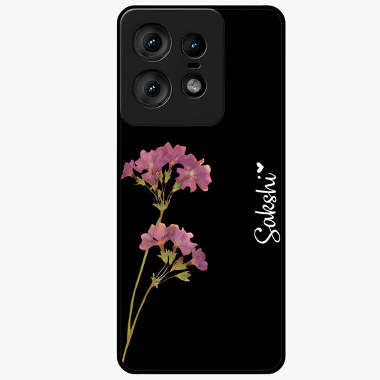 Riching Lavender Flower Custom Name Glass Case showing flat back view with lavender floral artwork and personalized name design.