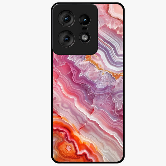 Rose Quartz Marble Glass Case showing flat back view with pink marble quartz texture artwork and glossy glass finish.